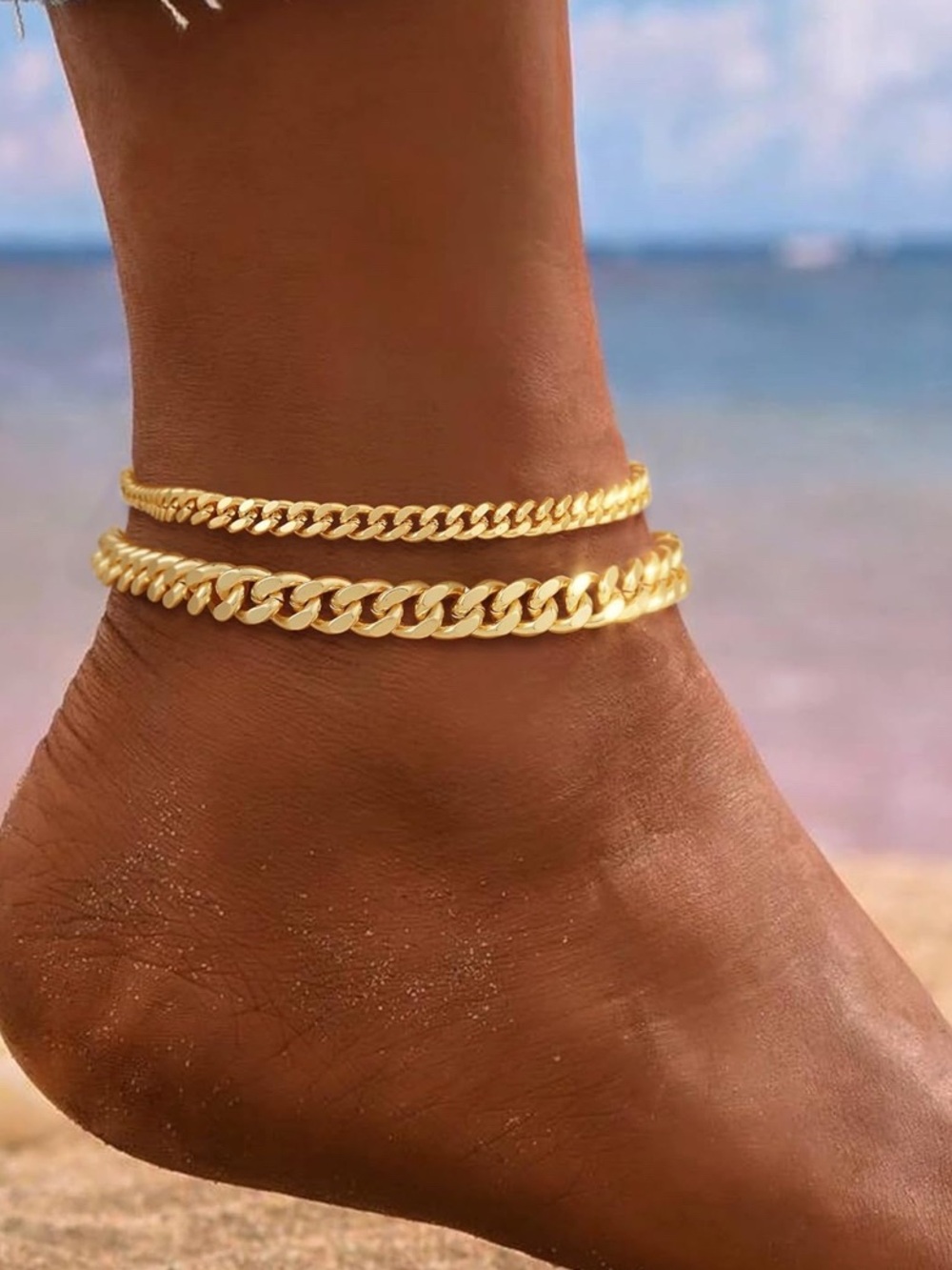 Trendy Summer 2pc 14k Gold Plated Chain Anklet Set  - Double Cuban Link